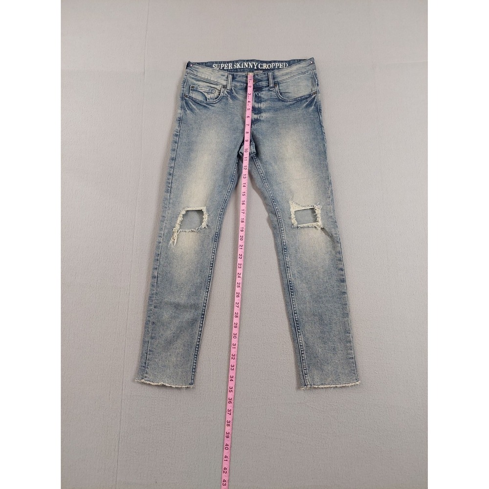 H&M Men Jean 32 Light Wash Denim‎ Skinny Cropped Low Rise Distressed Ripped Wear - Picture 11 of 16